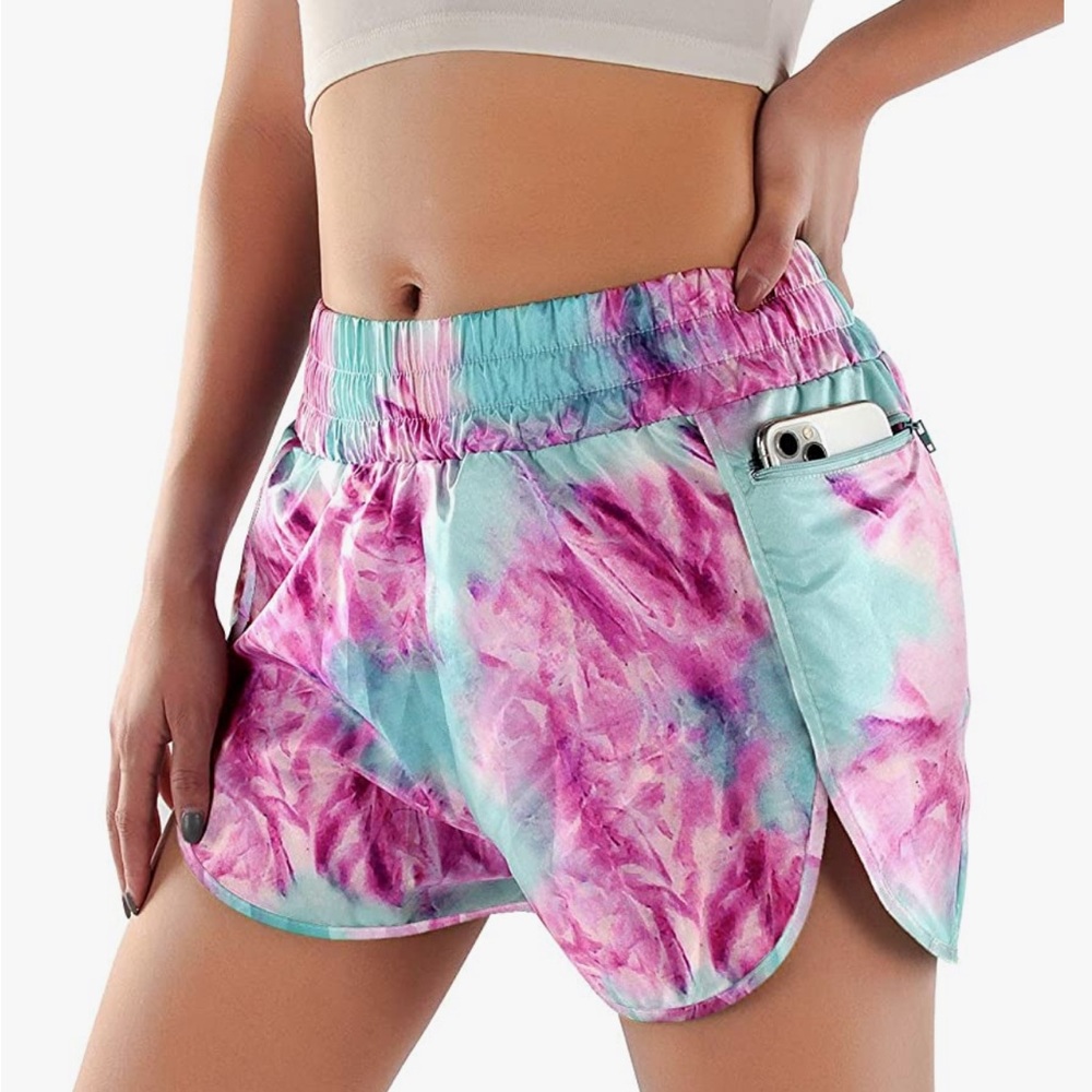 Tie Dye Pink & Blue Blooming Jelly Women's Quick-Dry Running Shorts w Pockets